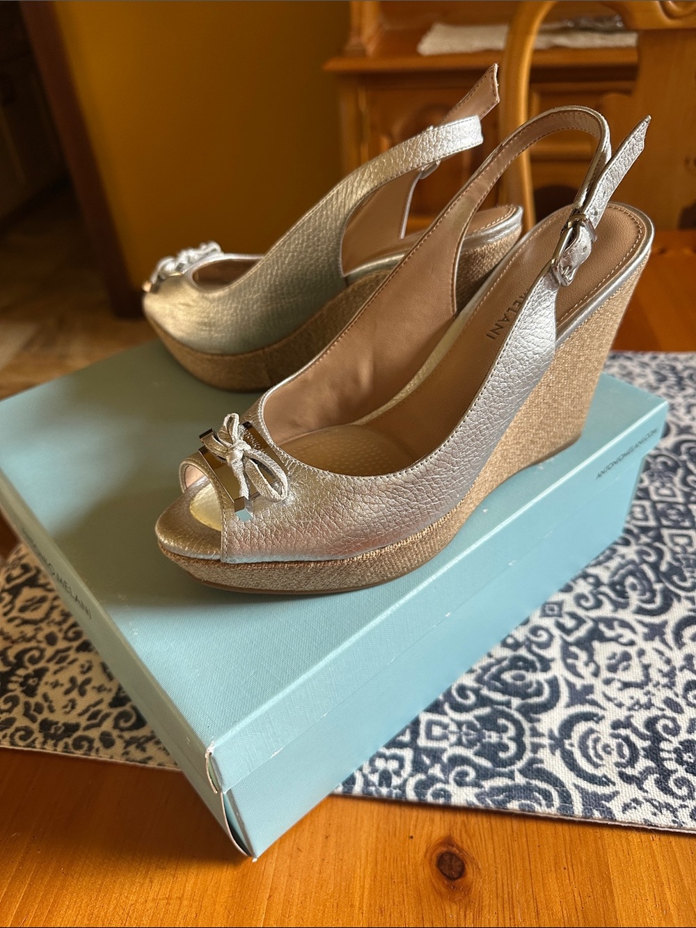 Metallic Silver Wedge Peep-Toe Slingback Sandals - Women